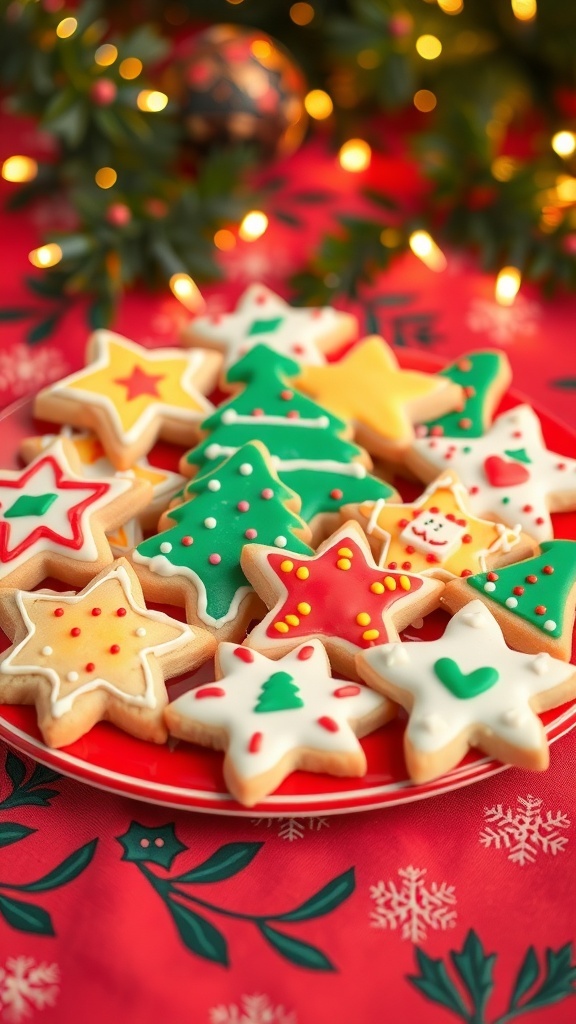 A plate of colorful Christmas sugar cookies shaped like stars and trees, decorated with icing and sprinkles.